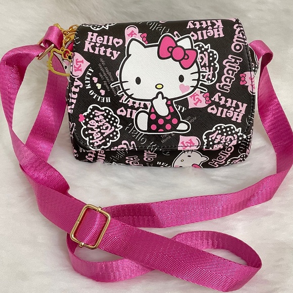 $20 Super Cute Hello Kitty with Writing Black Hand/Body Bag with Double Zipper - Picture 1 of 5